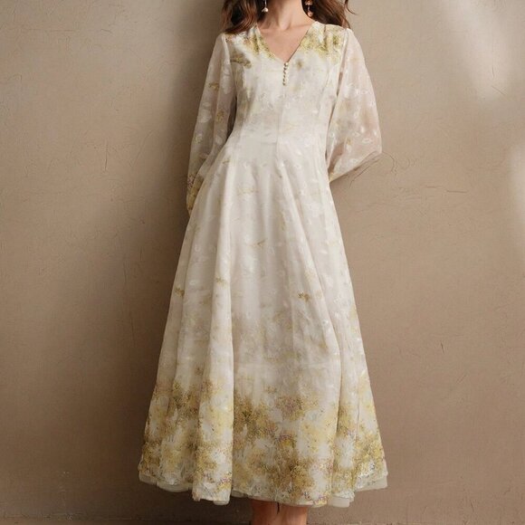 Multicolor Elegant Women's V-Neck Floral Print Sleeve Cottagecore Dress - Picture 7 of 8